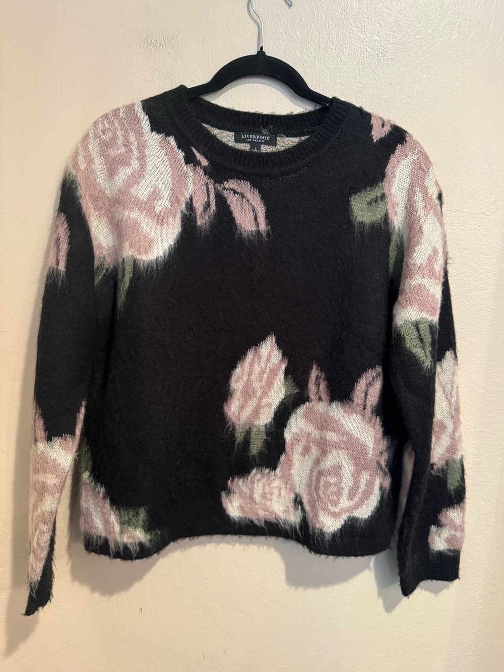 Liverpool Black Crewneck Sweater with Pink and Green Floral Motif. Super Soft